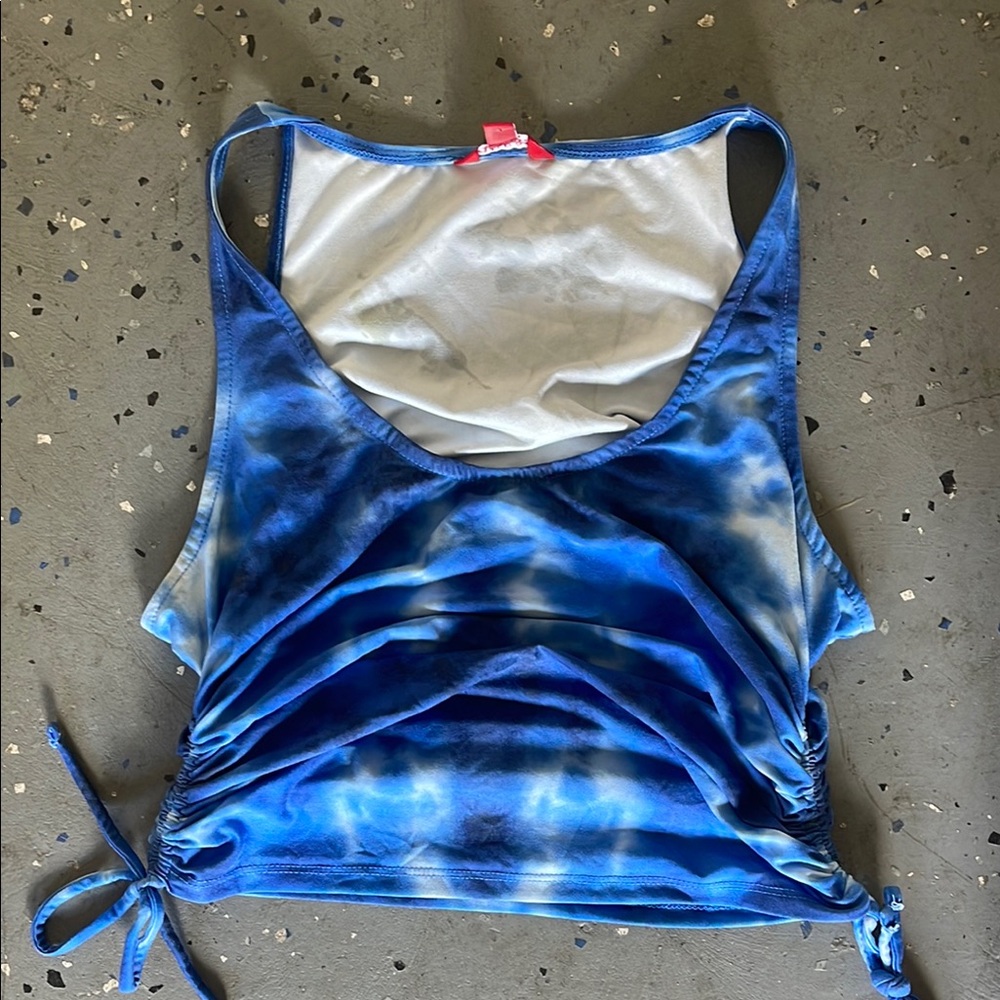 Guess Blue and White Crop Tie Front Tank Top